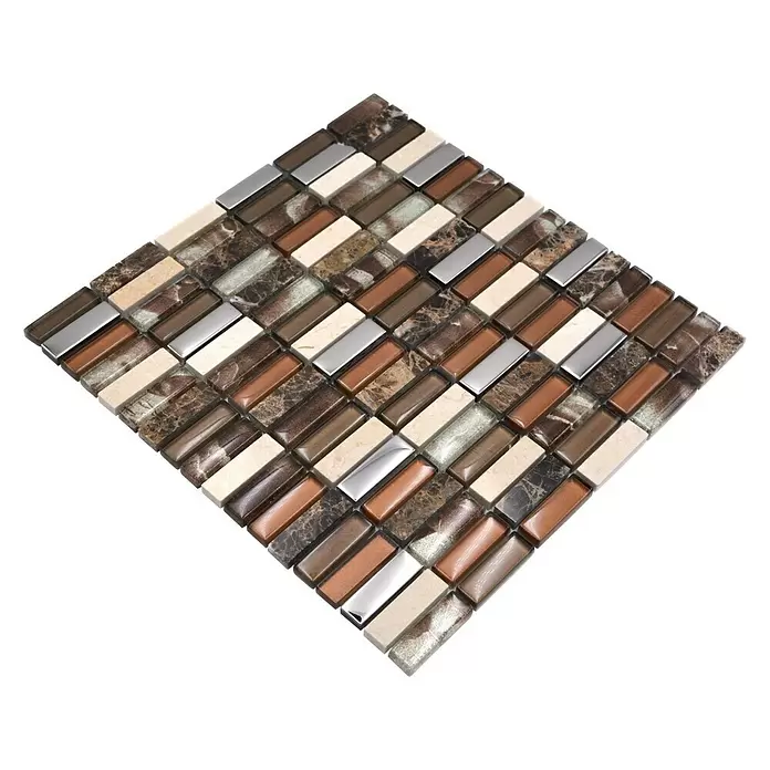Mozaïektegel rechthoek glas Mix XCM SM78 - 29,8 x 30,4 cm, Bruin/Beige, Glanzend - Diagonaal zicht