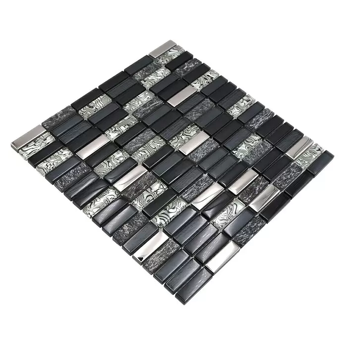 Mozaïektegel rechthoek glas Mix XCM SM88 - 29,8 x 30,4 cm, Grijs/Zwart, Glanzend - Diagonaal zicht