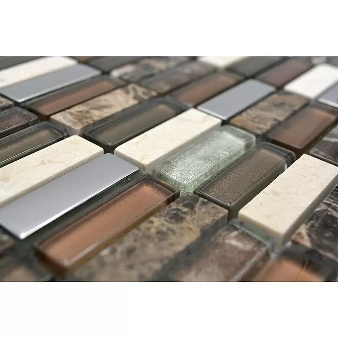 Mozaïektegel rechthoek glas Mix XCM SM78 - 29,8 x 30,4 cm, Bruin/Beige, Glanzend - Close-up
