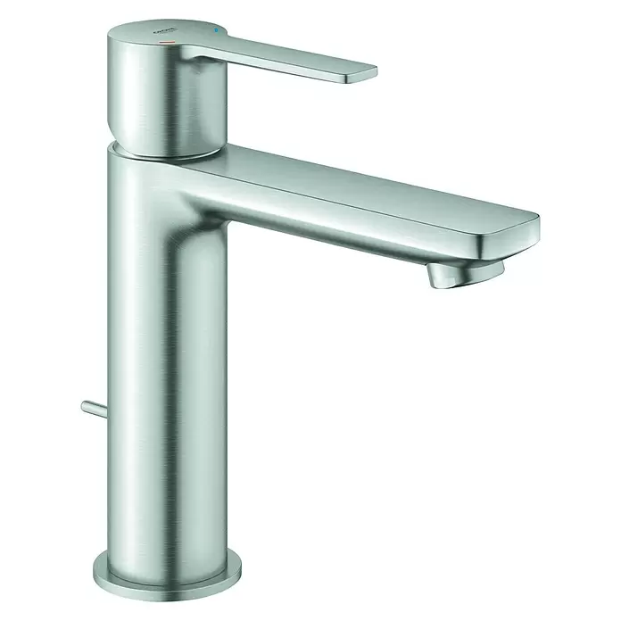 Grohe Lineare Waschtischarmatur S-Size - Mit Zugstange, Supersteel, Matt - Diagonale Ansicht