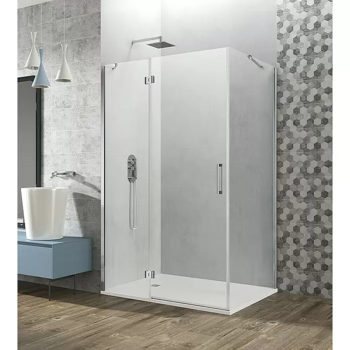 GME Mampara de ducha esquinera Glass Combi C 20+80 + lateral 70 - L x An x Al: 70 x 100 x 195 cm, Espesor: 8 mm, Plata brillo - Foto ambiente