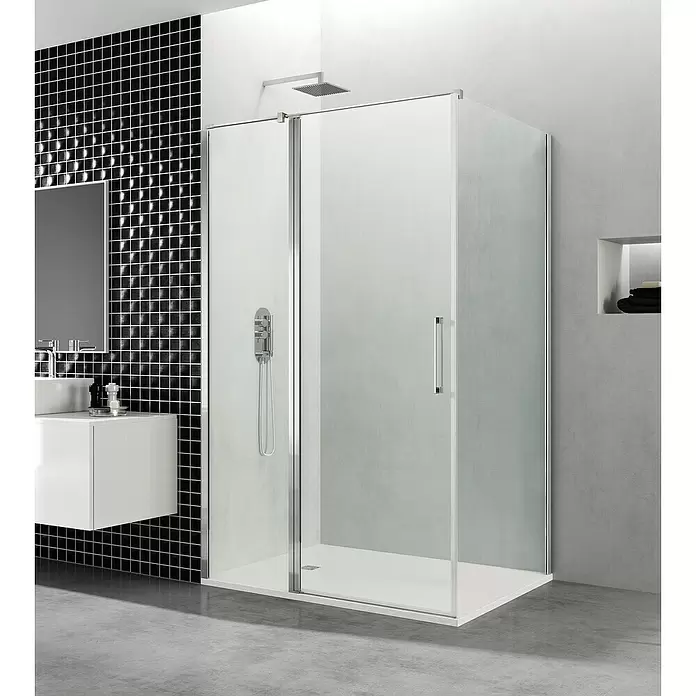 GME Mampara de ducha esquinera Open Combi C frontal + lateral - L x An x Al: 90 x 130 (60/70) x 195 cm, Vidrio transparente, Espesor: 6 mm, Plata brillo - Foto ambiente