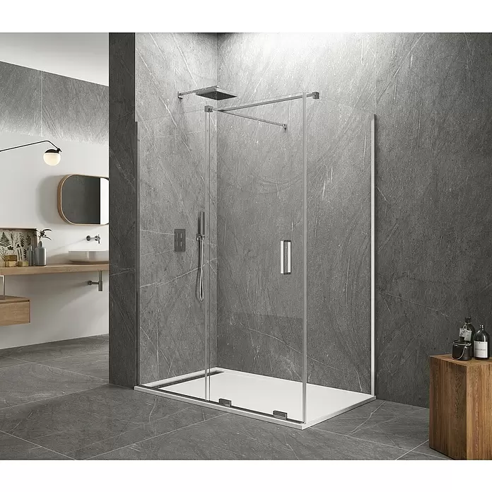 GME Mampara de ducha esquinera Kenna frontal + lateral - L x An x Al: 90 x 170 x 195 cm, Vidrio transparente, Espesor: 8 mm, Plata brillo - Foto ambiente