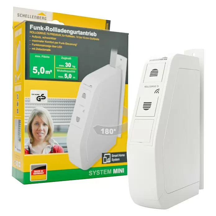Schellenberg Funk-Rollladen-Gurtwickler Rollo Drive 75 Premium - L x B x H: 155 x 37 x 199 mm, Gurtbreite: 14 mm - 15 mm, Zugkraft: 30 kg, Unterstützte Systeme: Abus Smart Friends System - Diagonale Ansicht