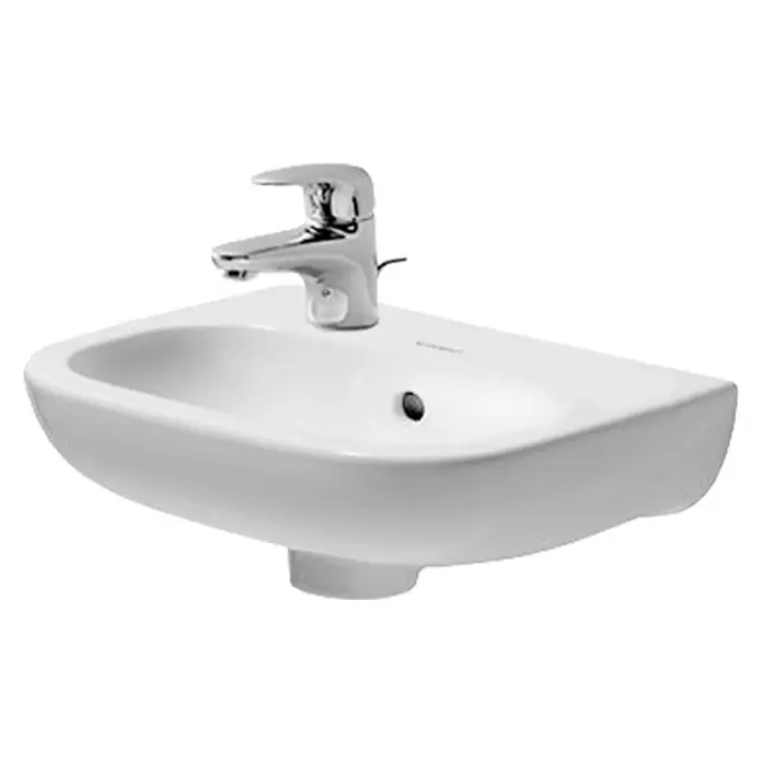Duravit D-Code Waschbecken - 36 x 27 cm, Ohne Spezialglasur, Hahnloch: Links, Mit Überlauf, Weiß - Diagonale Ansicht