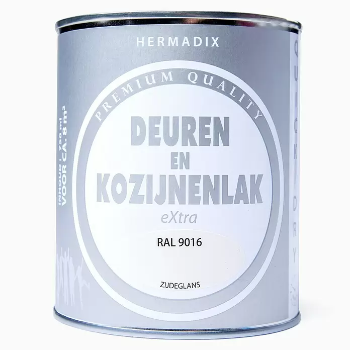 Hermadix Lak voor kozijnen en deuren RAL 9016 - Wit, RAL 9016, 750 ml, Zijdeglans - Vooraanzicht