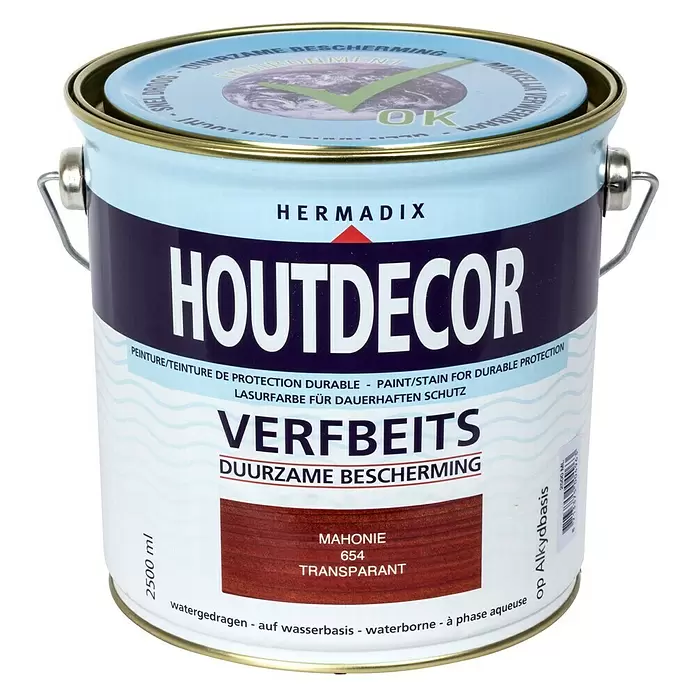 Hermadix Houtbeits houtdecor 654 mahonie - Mahonie, 2,5 l, Zijdeglans - Vooraanzicht