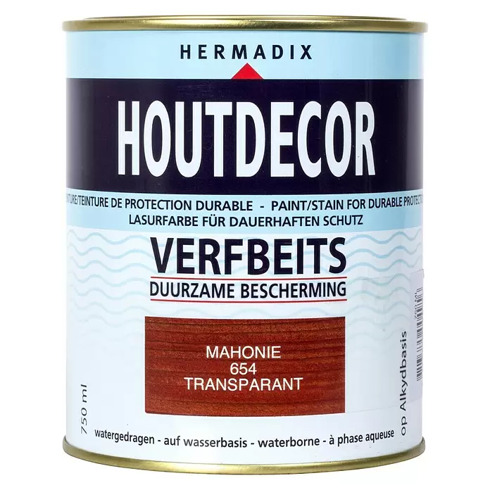 Hermadix Houtbeits houtdecor 654 mahonie - Mahonie, 750 ml, Zijdeglans - Vooraanzicht