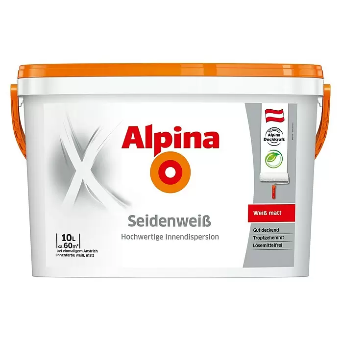 Alpina Wandfarbe Seidenweiß - Weiß, 10 l, Seidenmatt - Vorderansicht