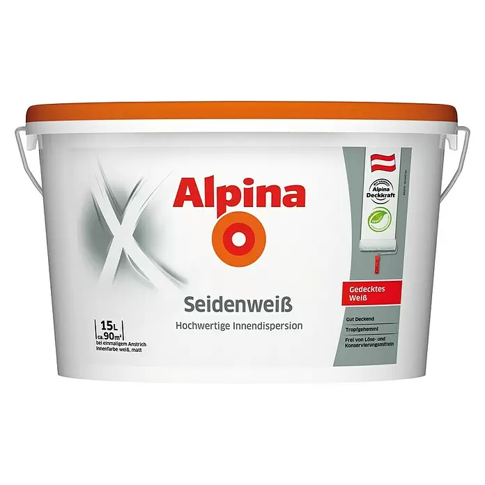 Alpina Wandfarbe Seidenweiß - Weiß, 15 l, Seidenmatt - Vorderansicht