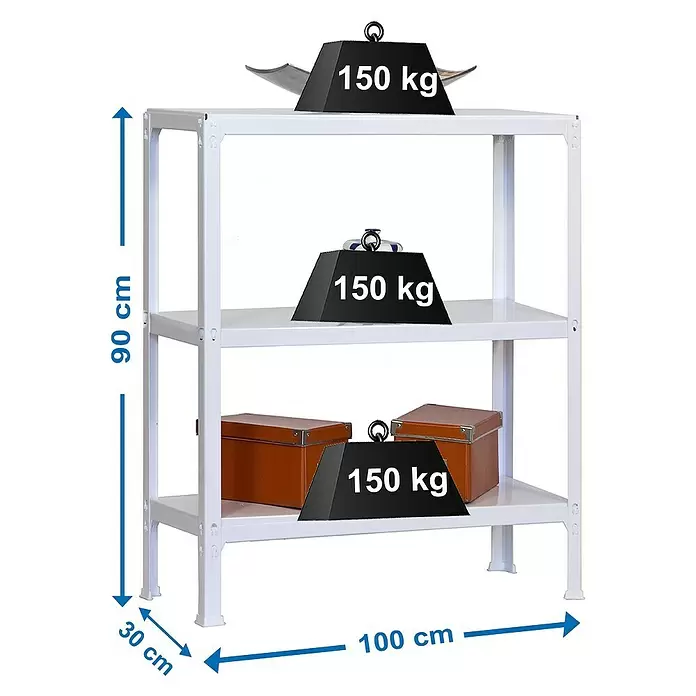 Simonrack Homeclick Estantería metálica Plus - L x An x Al: 30 x 100 x 90 cm, Capacidad de carga: 150 kg/balda, Número de baldas: 3 ud., Inserción, Blanco - Dibujo técnico