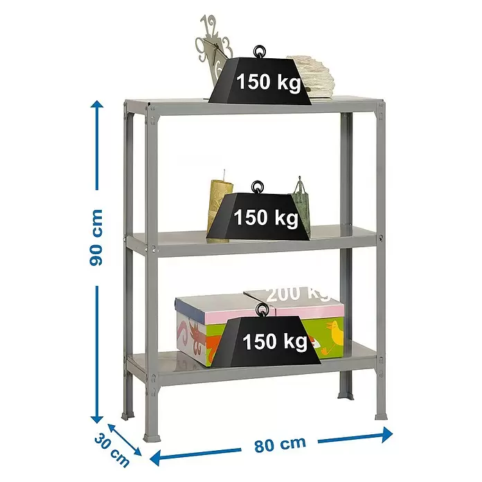 Simonrack Simonhome Estantería metálica Homeclick Mini - L x An x Al: 30 x 80 x 90 cm, Capacidad de carga: 150 kg/balda, Número de baldas: 3 ud., Gris - Dibujo técnico