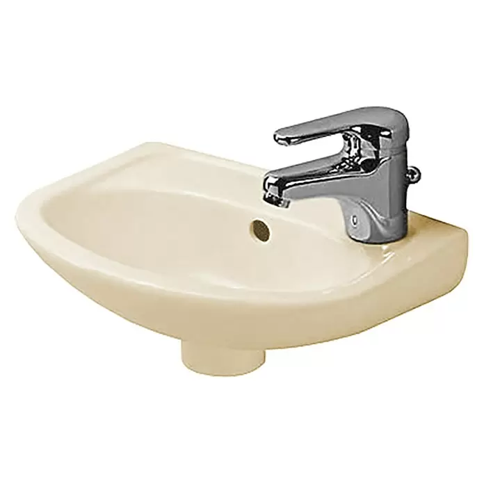 Duravit Duraplus Waschbecken Compact - 36,5 x 26,5 cm, Ohne Spezialglasur, Hahnloch: Links, Mit Überlauf, Pergamon - Diagonale Ansicht