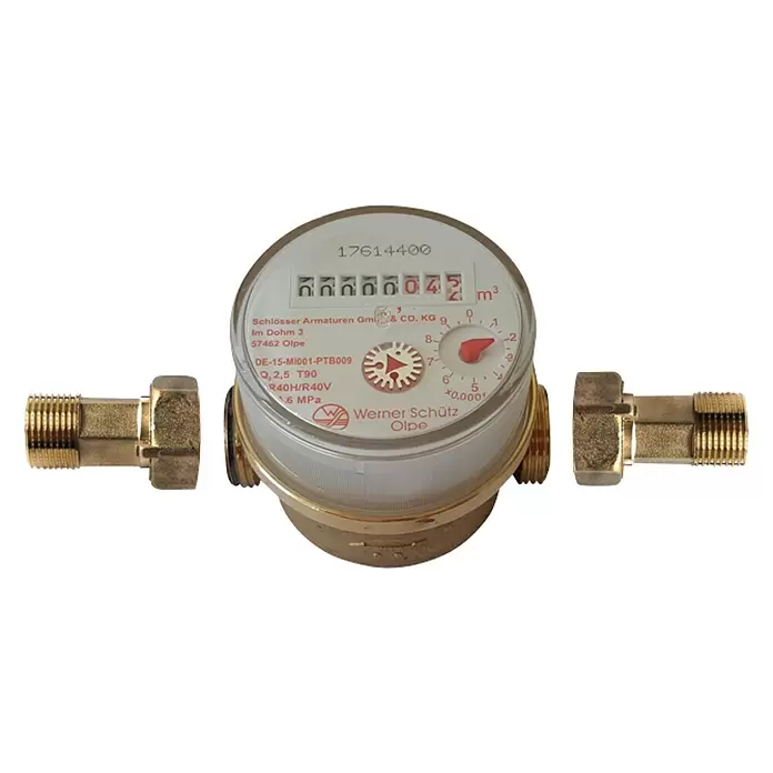 Wohnungswasserzähler Warm - Größe Anschluss: ½″, Nenndurchfluss Qn: 2,5 m³/h, Einbaulänge: 80 mm - Diagonale Ansicht
