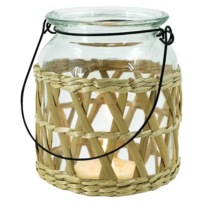 Windlicht mit Bast - Ø x H: 12 x 10,5 cm, Klar, Beige - Vorderansicht