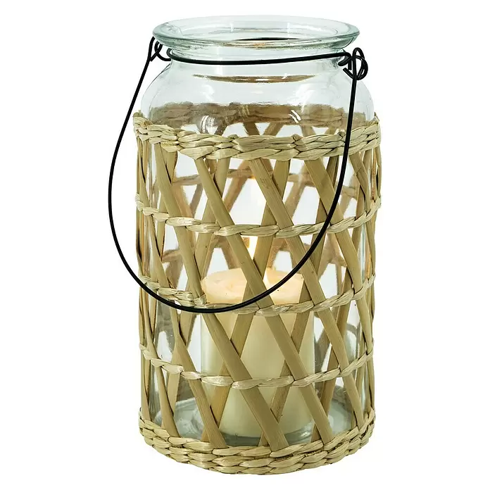 Windlicht mit Bast - Ø x H: 12 x 19 cm, Klar, Beige - Vorderansicht