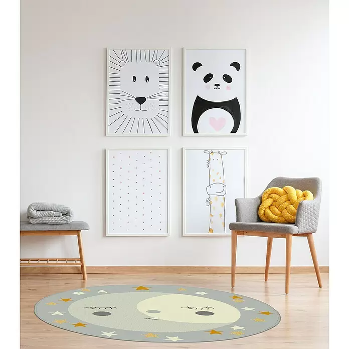 Alfombra de pelo corto Luna - Gris/Amarillo, Diámetro: 120 cm, 100% Polipropileno - Foto ambiente