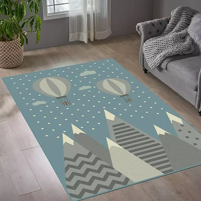 Alfombra de pelo corto Paisaje infantil - Azul, 170 x 120 cm, 100% Polipropileno - Foto ambiente
