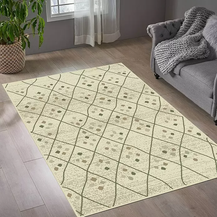 Alfombra de pelo corto Florence - Crudo/Verde, 170 x 120 cm, 100% Polipropileno - Foto ambiente