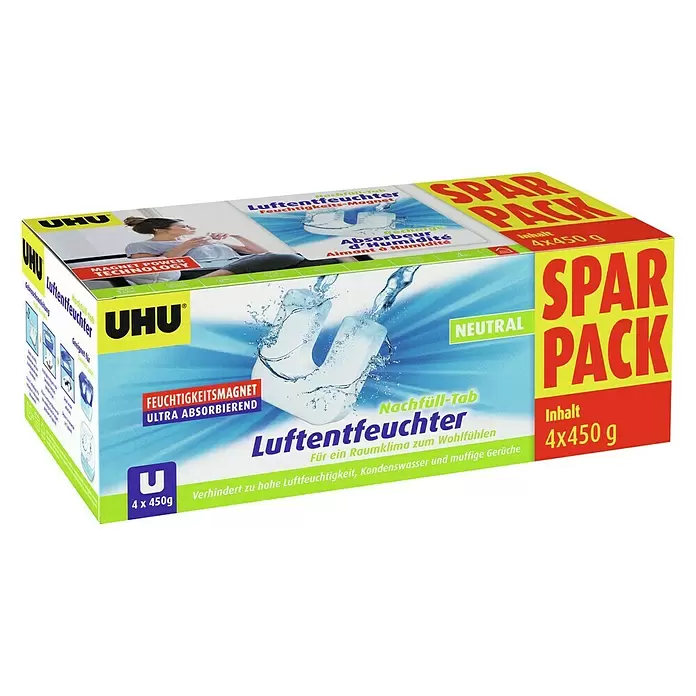 UHU Luftentfeuchter-Nachfülltabs - 4 Stk. x 450 g - Diagonale Ansicht