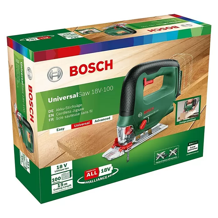 Bosch Universal Akku-Stichsäge Saw 18V-100 - 18 V, Ohne Akku, Leerlaufhubzahl: 0 - 2.600 Hübe/min - Diagonale Ansicht