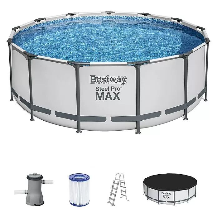 Bestway Frame-Pool-Set Steel Pro MAX - Ø x H: 488 x 122 cm, 19.480 l, Grau - Diagonale Ansicht