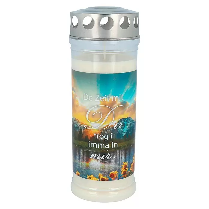 Hofer Friedlicht Grablicht Premium - De Zeit mit dir trog i imma in mir, Ø x H: 7,5 x 20,8 cm - Vorderansicht