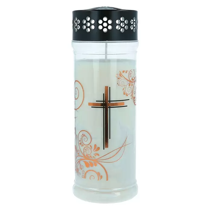 Hofer Friedlicht Grablicht Premium Plus - Mit Kreuz und Ornament, Ø x H: 7,5 x 20,8 cm, Brenndauer ca.: 7 Tage - Vorderansicht