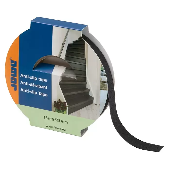 JéWé Antisliptape voor traptreden - Zwart, 18 m x 2,5 cm - Diagonaal zicht