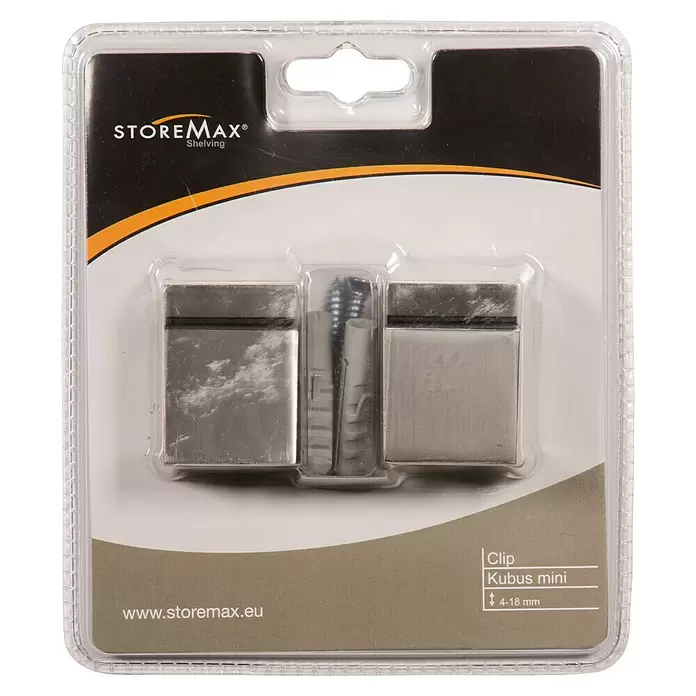 Storemax Bevestigingsclips KUBUSMINI voor wandplanken - Rvs-look, Wandmontage, Belastbaarheid: 10 kg - Vooraanzicht