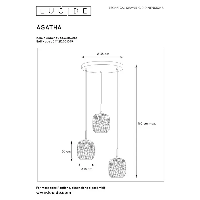 Lucide Pendelleuchte Agatha - 120 W, L x B x H: 35 x 35 x 163 cm, Gold, E27 - Skizze