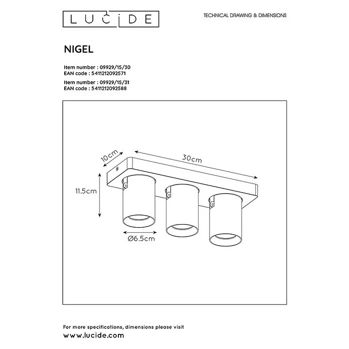 Lucide Deckenstrahler Nigel - 15 W, L x B x H: 3 x 10 x 11,5 cm, Weiß, GU10 - Skizze