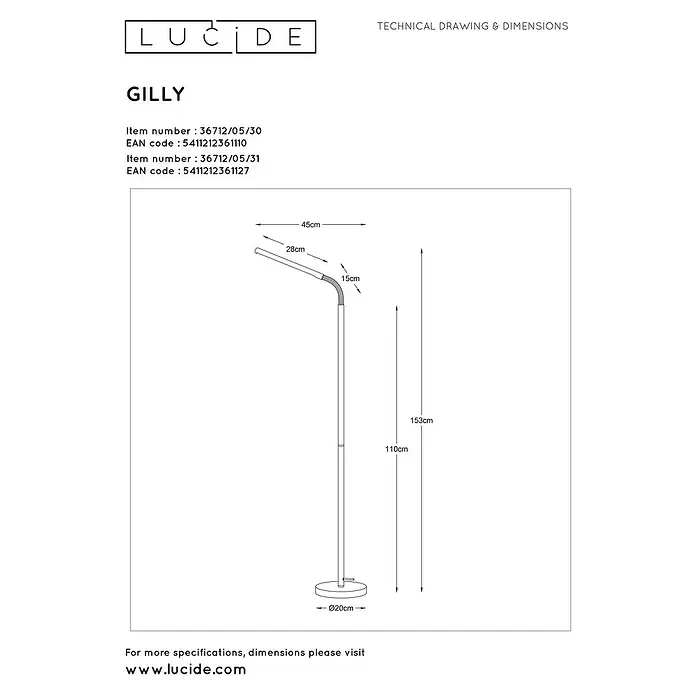 Lucide Stehleuchte Gilly - 5 W, Höhe: 153 cm, Schwarz - Skizze