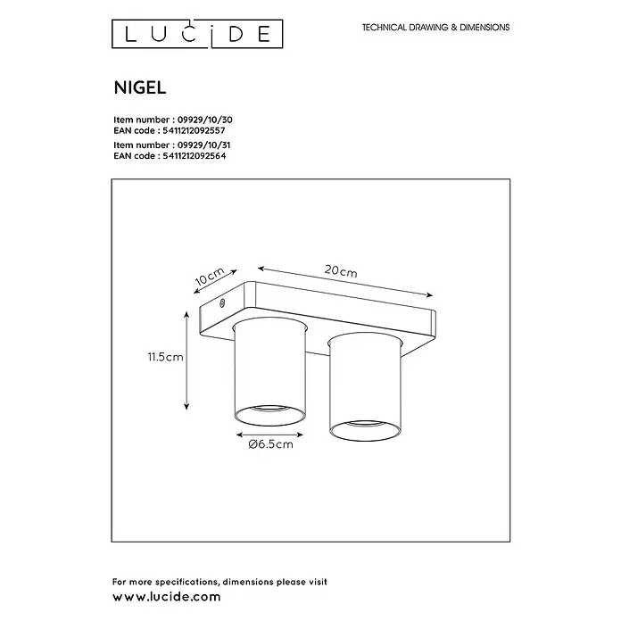 Lucide Deckenstrahler Nigel - 10 W, L x B x H: 20 x 10 x 11,5 cm, Schwarz, GU10 - Skizze