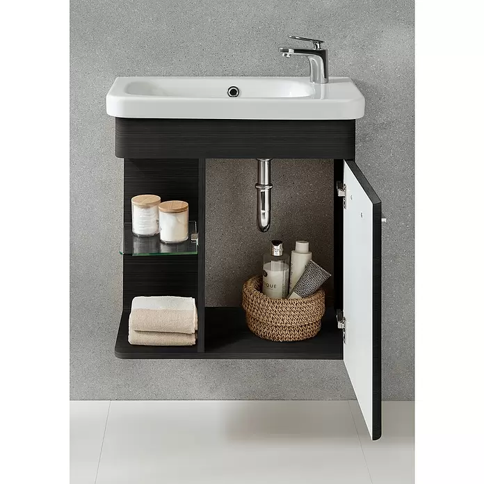 Camargue Faro Mini Waschtischunterschrank - 55 x 29,5 x 55 cm, Bewegungsmelder mit LED-Beleuchtung, Darkoak - Stimmungsaufnahme