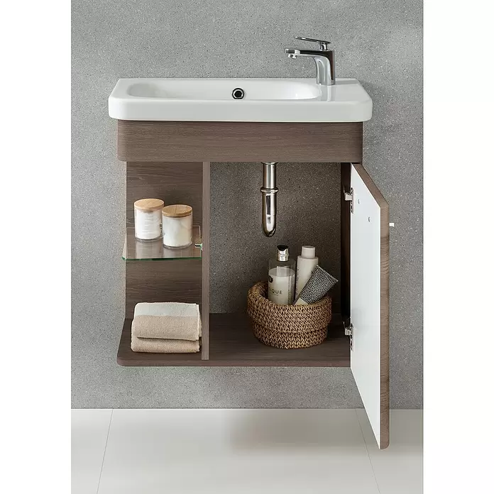 Camargue Faro Mini Waschtischunterschrank - 55 x 29,5 x 55 cm, Bewegungsmelder mit LED-Beleuchtung, Eiche Maron - Stimmungsaufnahme