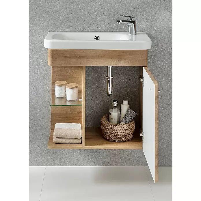 Camargue Faro Mini Waschtischunterschrank - 55 x 29,5 x 55 cm, Bewegungsmelder mit LED-Beleuchtung, Berg Eiche - Stimmungsaufnahme
