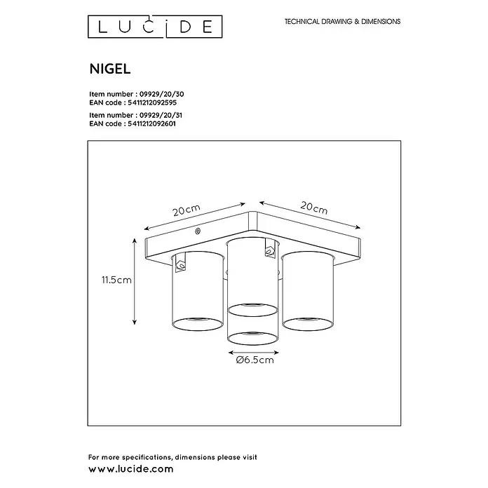 Lucide Deckenstrahler Nigel - 20 W, L x B x H: 20 x 20 x 11,5 cm, Schwarz, GU10 - Skizze