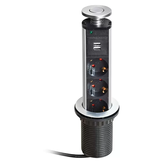 Regleta redonda oculta con 3 tomas y 2 puertos USB - Negro - Vista frontal