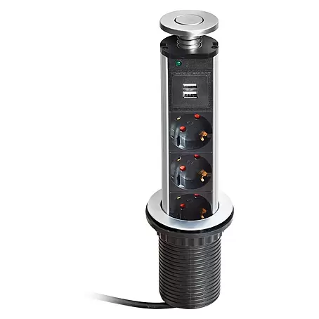 Regleta redonda oculta con 3 tomas y 2 puertos USB