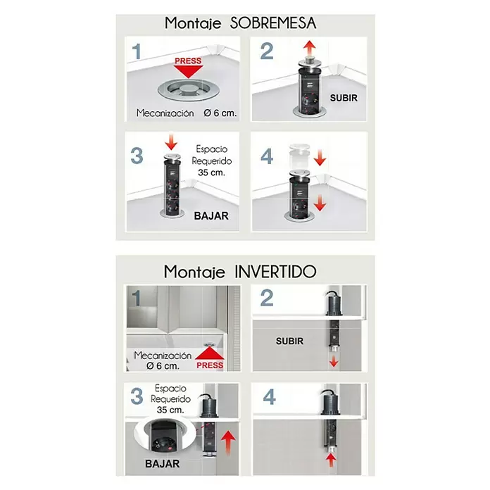 Regleta redonda oculta con 3 tomas y 2 puertos USB - Negro - Producto en uso